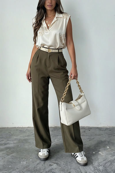 Hersteller Kadın Haki Bol Kesim Palazzo Pantolon Yüksek Bel Pileli Kumaş Pant...