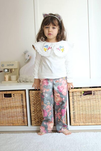 Pantulux Bluză cu guler brodat pentru fetițe, de sezon, cu pantaloni cu impri...