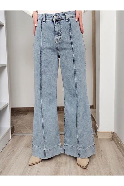 Felix Butik FELİX14576 Önü Çımalı Kar Yıkama Mavi Palazzo Kot Pantolon