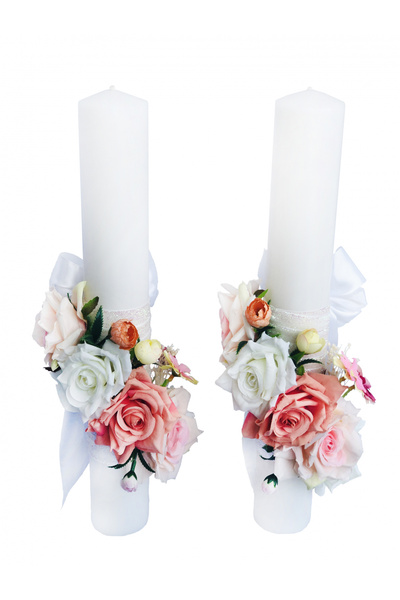 Eventissimi Set Lumanari nunta / botez, 40 cm, alb / roz, trandafiri si minib...