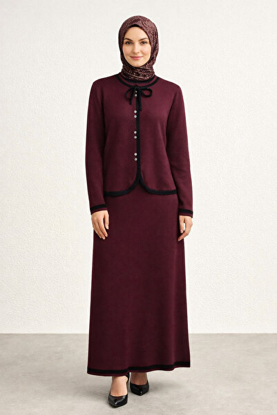 Kirazgym Striped Buttoned Skirted Knitwear Set - Burgundy