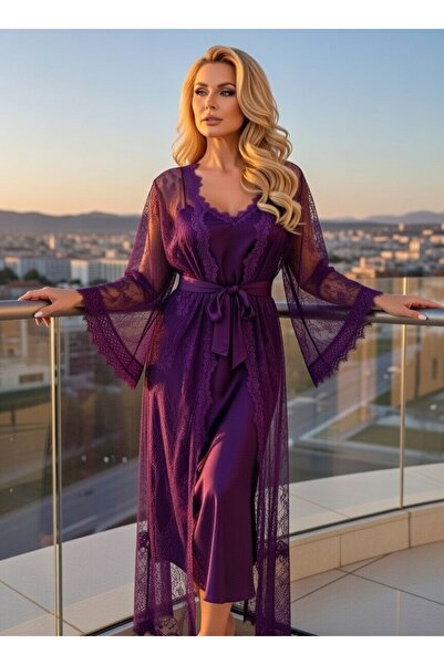 bigmama Women's Black Satin Nightgown and Robe Set with Lace, Dowry Set, Long...