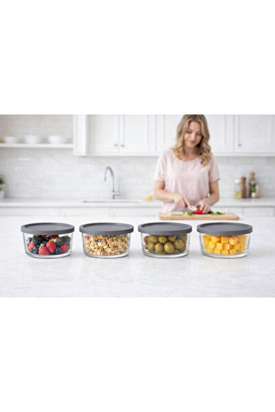 LAV FEYZADE Round Cam Saklama Kabı Seti (380cc X 4 adet) GRİ Kapaklı (LV-RND-...