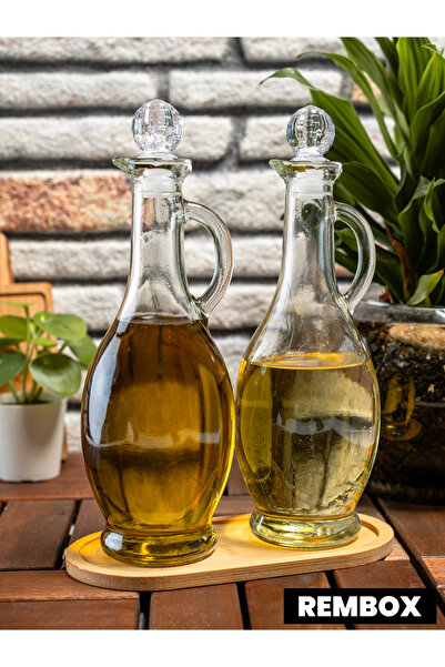 ozbience Bambu Standlı Kulplu Yağdanlık Seti, 3'lü, 500 ml, Kristal Tıpalı, Şişe