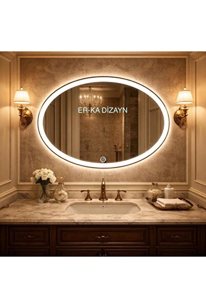 ER-KA DİZAYN ELİPS KUMLAMALI Led'li MAKYAJ AYNASI Lavabo&Banyo Aynası (Dokunm...