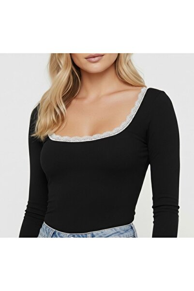 Linich&Co Black Blouse with White Lace Round Neck Detail