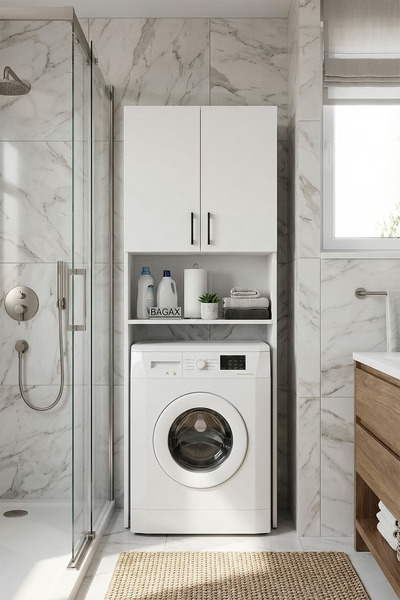 BAGAX Çamaşır Makinesi Üstü Kapaklı Raf Ünitesi | Açık Raflı Banyo Düzenleyic...