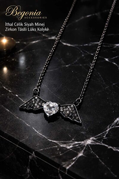 UygunGümüşçülük Imported Steel Black Enamel Necklace Chain Set with Figured Z...