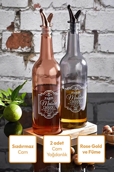 ozbience Büyük Boy 2'li Cam Yağlık ve Sosluk Seti, Rose Gold ve Füme Tasarım