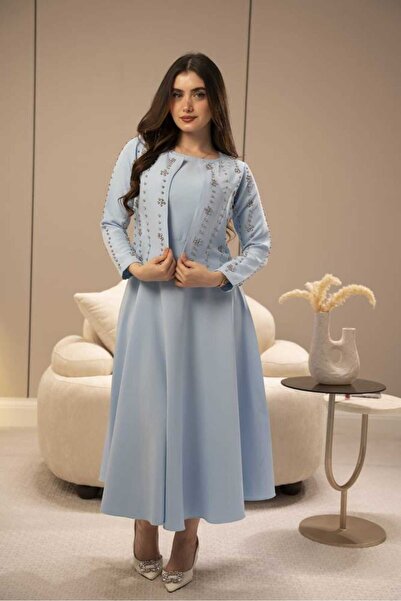 nouf Sky blue dress with embroidered jacket