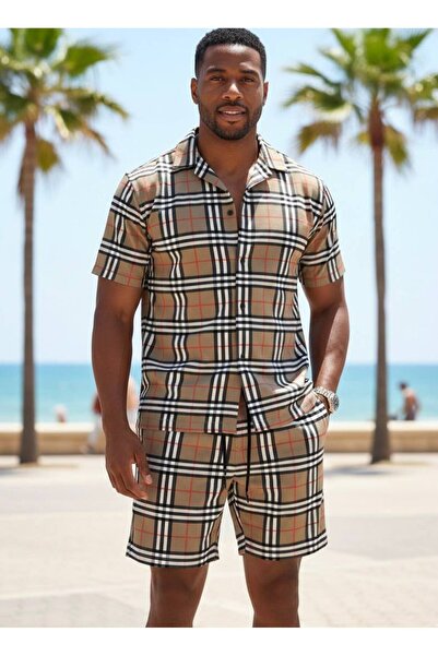 YusGos Relaxed Fit Plaid Short Sleeve Loose Lapel Collar Summer Cotton Lycra ...