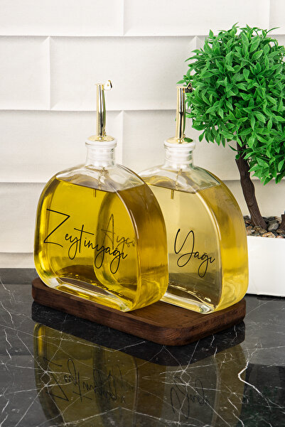 ozbience 2’li Oval Cam Yağdanlık Seti, Ahşap Stantlı, Gold Kapak, Ayçiçek ve ...