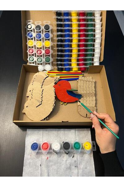 WoodStory Ahşap Kuşlarını Kendin Yap Boya / 10 Adet Kuş / 10 adet Boya / 10 A...