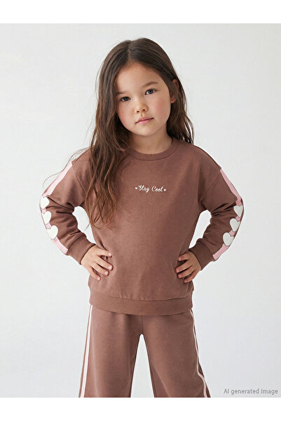 LC Waikiki Heart and Text Printed Girls' Soft Touch Sweatshirt