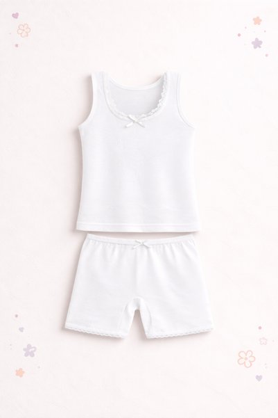 mini kanka Girl's Athlete Shorts Set 100% Cotton – White Lingerie Set with Lace