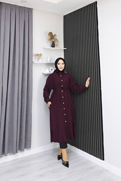 ANBLYs COLLECTION GÖMLEK YAKA DÜĞMELİ TENSEL KUMAŞ YANLARI YIRTMAÇLI KADIN TU...