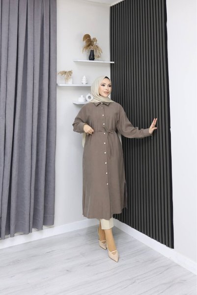 ANBLYs COLLECTION Shirt Collar Buttoned Tencel Fabric Women's Tunic Shirt with Slits on the Sides