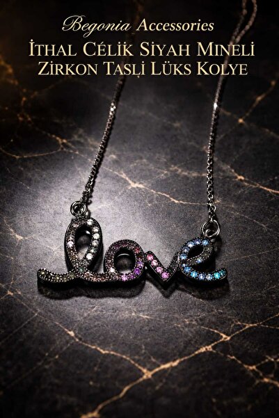 Öte Beri Hayallerin Ötesi Imported Steel Black Enamel Necklace Chain Set with...