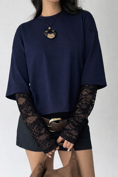 poswicon Navy Blue Oversized T-Shirt with Lace Sleeves and Round Neck Top