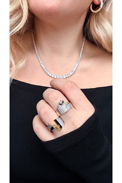 Finery by Nerrs Yellow Stone and Black Enamel Detailed Ring Set, No Number (T...