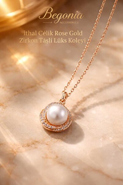 Öte Beri Imported Steel Rose Gold Necklace Chain Set with Figured Zircon Ston...