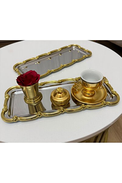 Elzemm store Steel Rectangular 2 Pieces Presentation Tray with Gold Frame 13*...