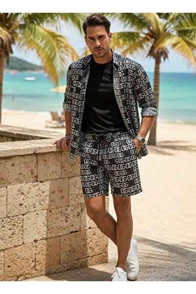 YusGos Relaxed Fit Lettered Long Sleeve Lapel Collar Summer Shirt Shorts Set