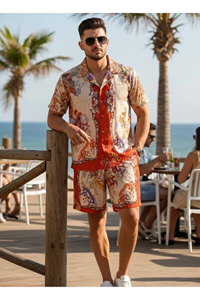 YusGos Relaxed Fit Patterned Short Sleeve Loose Lapel Collar Summer Shirt Sho...