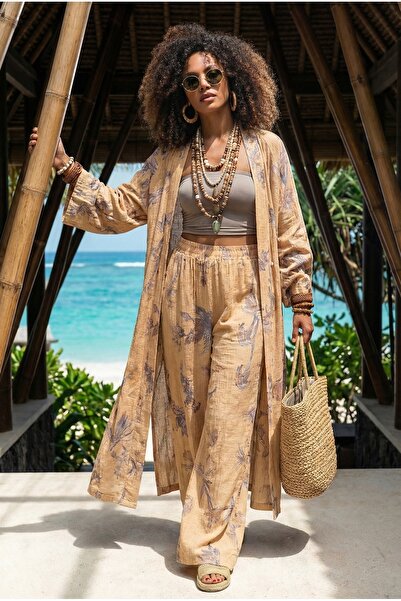 FASHION COCKTAIL Floral Leaf Print Oversize Kimono Kaftan Elasticated Trouser...