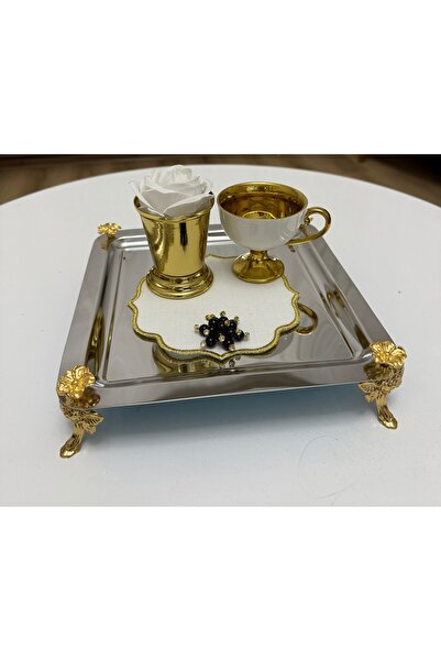 Elzemm store Stainless Steel Square Presentation Tray with 1 Stand and Rose