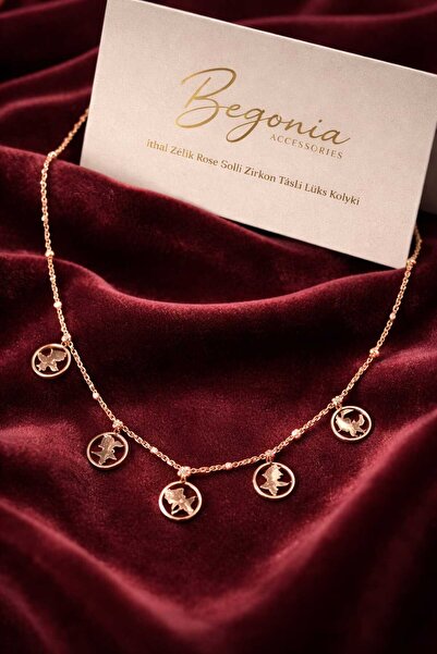 Öte Beri Imported Steel Rose Gold Necklace Chain Set with Figured Zircon Ston...