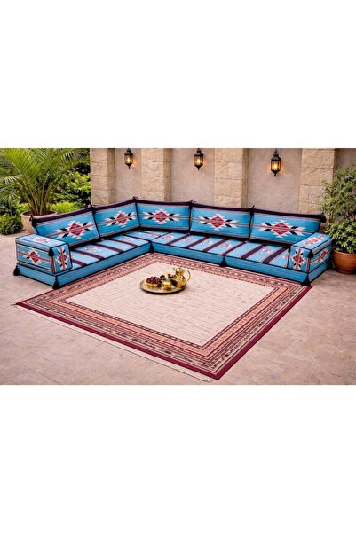 Xboat طقم كنب أرضي مجلس، لون أزرق فيروزي بنمط هندسي جنوبي غربي