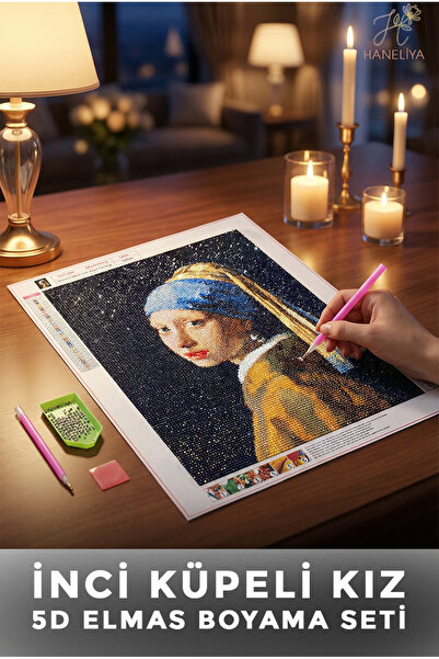 Haneliya İnci Küpeli Kız - Girl with a Pearl Earring- 5D Diamond Elmas Boyama...