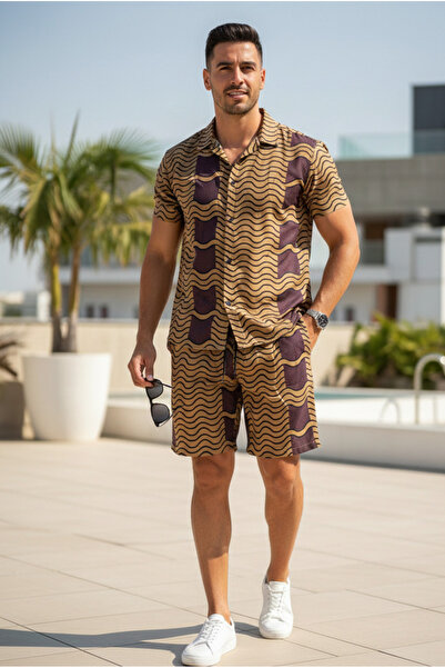 YusGos Relaxed Fit Patterned Short Sleeve Loose Lapel Collar Summer Shirt Sho...