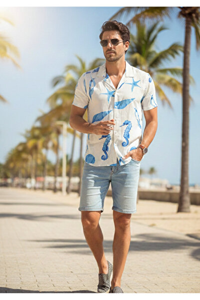 YusGos Hawaiian Relaxed Fit Patterned Short Sleeve Apaş Collar Viscon Summer ...