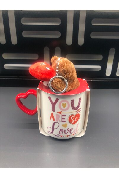 Romans كوب على شكل قلب من البورسلين مع سلسلة مفاتيح على شكل دب قطيفة - 380 مل