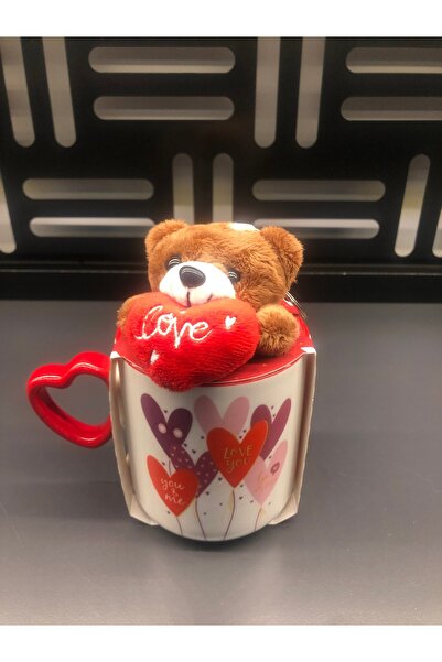 Romans كوب على شكل قلب من البورسلين مع سلسلة مفاتيح على شكل دب قطيفة - 380 مل