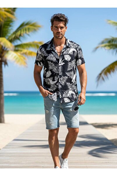 YusGos Hawaiian Relaxed Fit Patterned Short Sleeve Apaş Collar Viscon Cotton ...