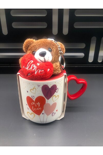 Romans كوب على شكل قلب من البورسلين مع سلسلة مفاتيح على شكل دب قطيفة - 380 مل