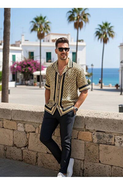 YusGos Relaxed Fit Patterned Short Sleeve Lapel Collar Lycra Summer Shirt