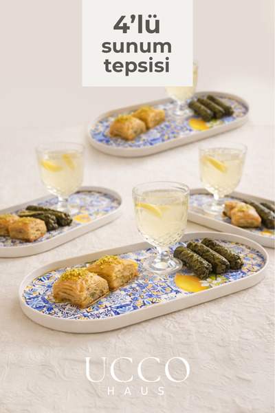 UCCO 4 Pieces of Patterned 30X13Cm Oval Coffee, Dessert, Soft Drink Presentat...