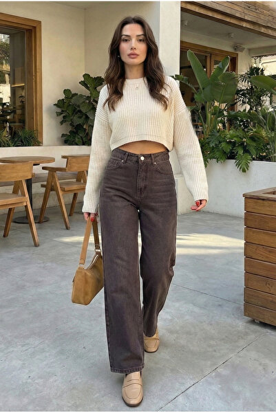 Vovikon Blugi din denim maro cu picior larg și aspect uzat