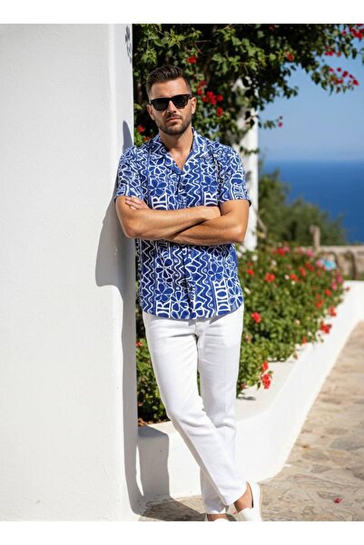 YusGos Hawaiian Relaxed Fit Patterned Short Sleeve Apaş Collar Viscon Summer ...