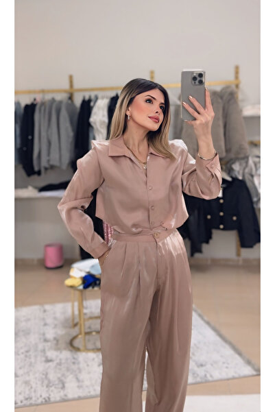 DENİZ Parlak Pudra İkili Pantolon Crop Gömlek Takım