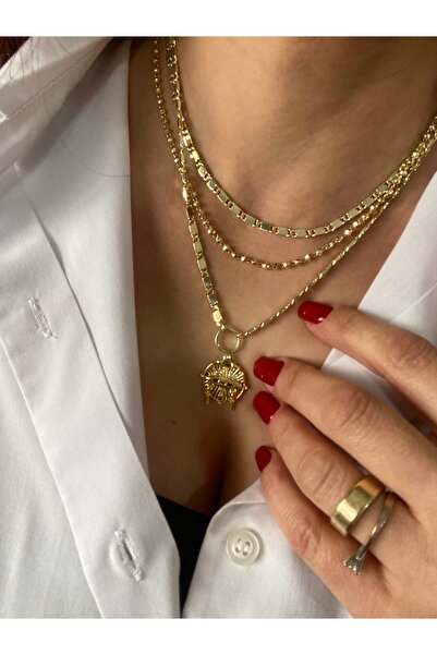 Byoz store Kadın Gold Üç Sıra Zincirli Kirpik Göz Uçlu Çoklu Kolye - Özel Tas...