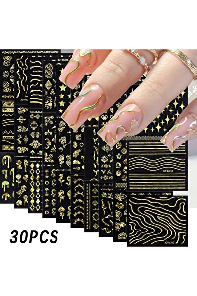 Choice 30PCS Gold 6/30Pcs Nail Stickers 3D Laser Gold Retro French Line Flowe...