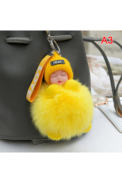 Choice A3 Pompom Sleeping Baby Keychain Cute Fluffy Plush Doll Keyholder Wome...