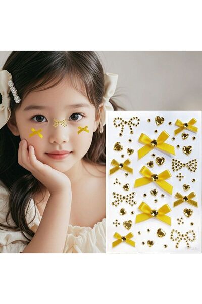 Choice ملصقات صفراء (قطعة واحدة) على شكل قلب وفيونكة، ملصقات وشم للوجه مرصعة ...