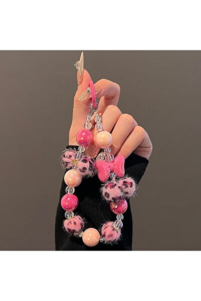 Choice A Leopard Print Ins Pompom Bow Bead String Short Style Chain Phone Cas...