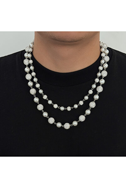 Choice طقم عقد لؤلؤ صناعي عتيق فاخر من ساليركون، قطعتان، لون فضي، بتصميم كلاس...